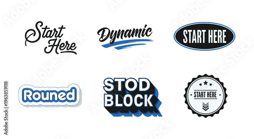 A collection of colorful stylized graphic elements showcasing various start here and directional phrases high quality professional detailed modern elegant stylish clean crisp
