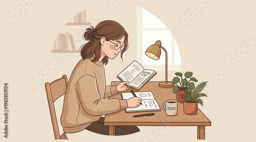 A young woman with glasses is intently reading a book at a wooden desk illuminated by a warm lamp while taking notes