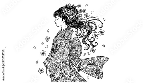 Detailed Kimono Girl Coloring Book Page Side View Zentangle Floral Pattern Vector Illustration