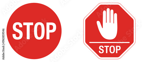 stop sign symbols set, traffic prohibition hand warning icons, vector illustration isolated on white background, safety design for road signs, driving rules, and traffic awareness themes.