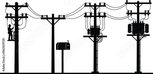 Utility poles silhouette illustration, electrical transformers with power lines, maintenance worker vector artwork, urban energy infrastructure design, distribution system silhouette art