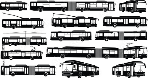 Public transport bus silhouette collection, city transit vehicles including trolleybus and articulated buses, black vector icons set for urban transportation design projects