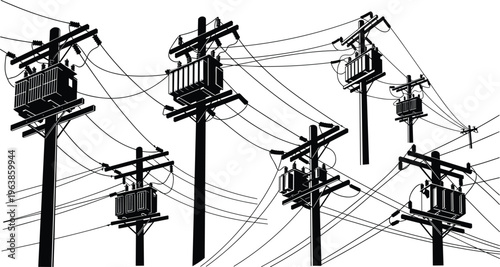 Perspective Silhouette Collection of Utility Poles with Distribution Transformers and Complex Power Line Network for Electrical Grid and Energy Infrastructure Concept