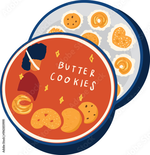 vector illustration of a set of butter cookies biscuits in a tin or metal box for holiday or festive event