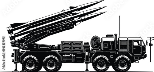 Military missile launcher truck silhouette illustration with elevated platform, defense technology artwork, warfare design concept, black and white vector template set