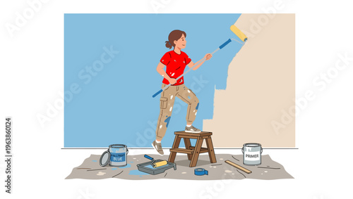A person painting a wall with a roller.