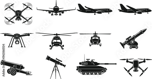 Military and aviation equipment silhouette illustration, defense technology artwork, aerial vehicles design concept, black and white vector template collection set