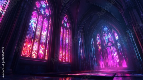 Stained glass windows illuminate gothic interior with majestic light display