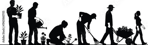 Gardening people silhouette set, gardeners planting flowers, watering plants, raking and using wheelbarrow, community garden workers black and white vector.