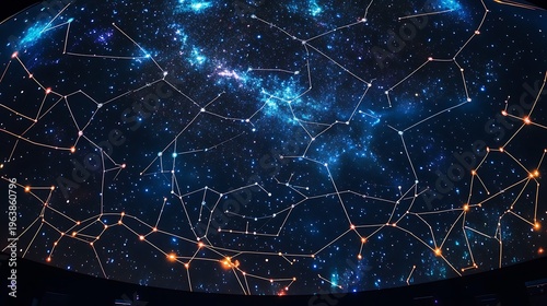 Starry night sky with constellations and glowing lines in deep space