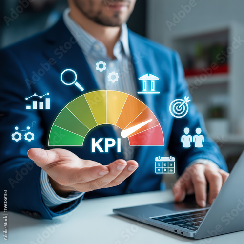 Professional businessman in a blue suit presenting a glowing holographic Key Performance Indicator KPI dashboard in a modern data driven office settin
