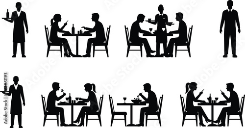 Restaurant silhouettes set featuring waiters serving food and wine couple dining at table customers eating lunch dinner cafe interior elements professional hospitality staff.