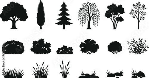 A collection of various black silhouette trees shrubs grasses and foliage elements arranged on a white background high quality professional detailed modern elegant