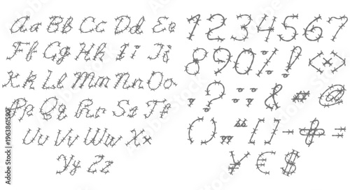 Handwritten style font made of barbed wire including uppercase and lowercase letters, numbers and special symbols. Editable vector alphabet isolated on white background.
