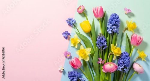 Soft pastel spring background featuring blooming flowers such as tulips, daffodils, and hyacinths arranged elegantly in the corner of the composition. The image showcases a clean and modern aesthetic