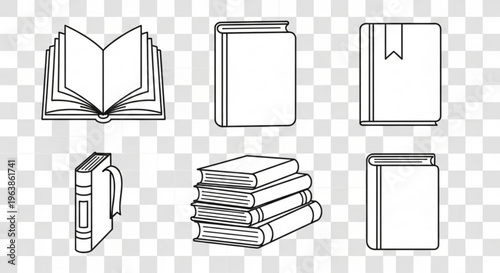 Collection of simple line art book icons representing open and closed books stacks and single volumes for educational or literary concepts isolated on a transparent background