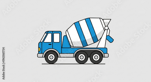 Blue concrete mixer truck flat vector illustration for construction industry isolated on gray background