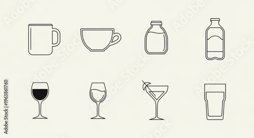 Collection of drink icons simple line art vector graphics for beverage apps and menus isolated on a light background