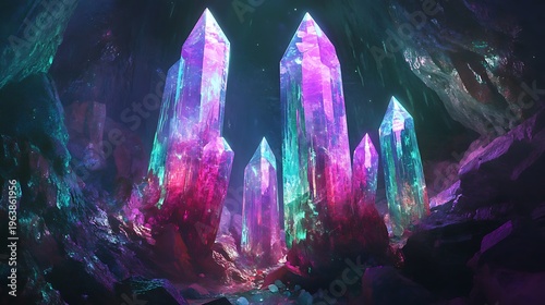 Vibrant crystal formations illuminated in fantasy scene abstract gemstones