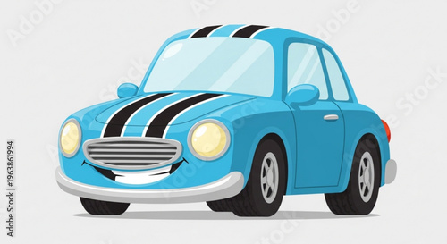 Joyful Cartoon Car on the Road: A cheerful blue cartoon car with a big smile cruises along, a symbol of happy travel and playful adventures.