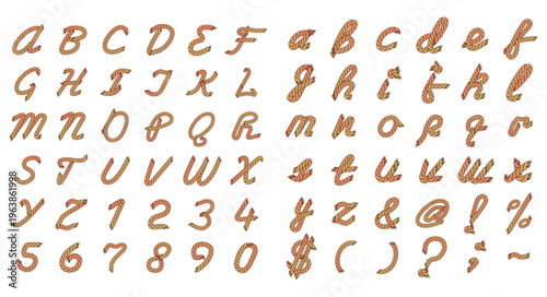 Colorful rope style alphabet with uppercase and lowercase letters, numbers and symbols. Editable vector set isolated on white background for design, branding and typography.