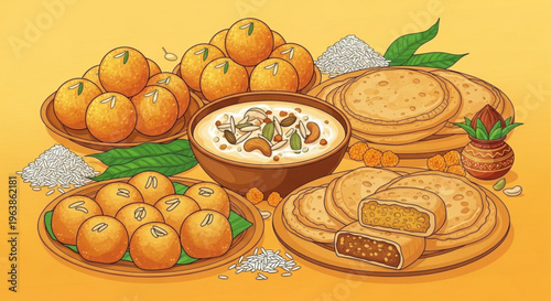 Traditional indian sweets and snacks arranged on wooden plates against a warm yellow background