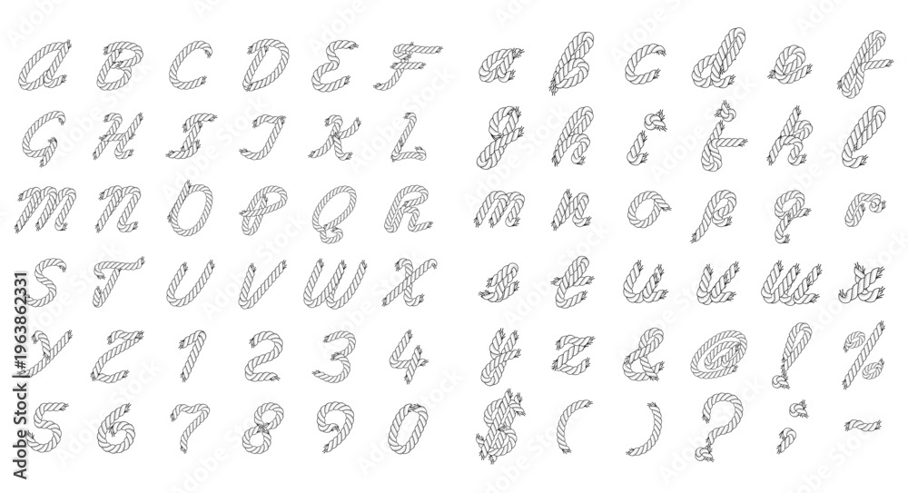 Fototapeta premium Black and white rope style alphabet with uppercase and lowercase letters, numbers and symbols. Editable vector set isolated on white background for design and typography.