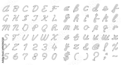 Black and white rope style alphabet with uppercase and lowercase letters, numbers and symbols. Editable vector set isolated on white background for design and typography.