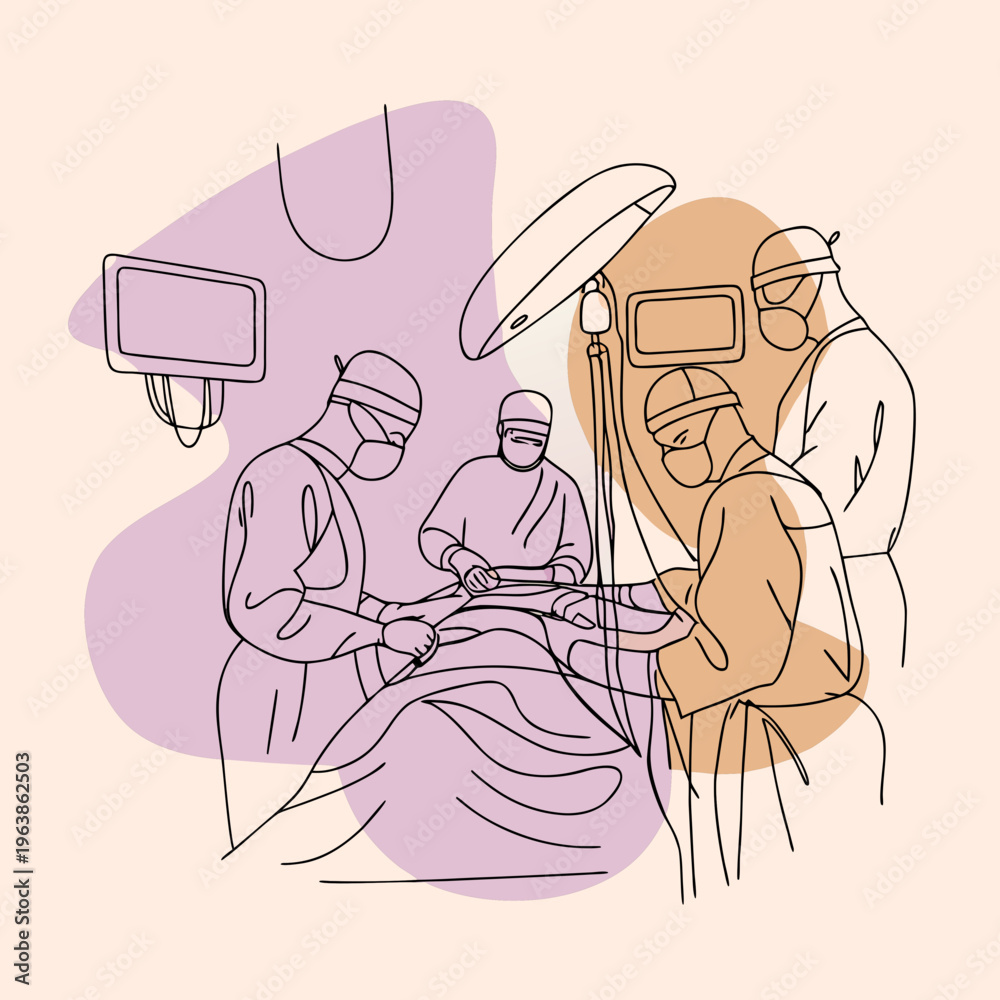 Obraz premium Team of specialized surgeons performs a complex operation on a patient in a modern operating room equipped with advanced medical monitors.