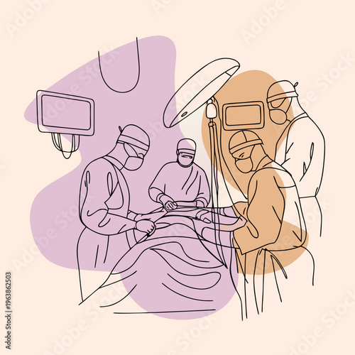 Team of specialized surgeons performs a complex operation on a patient in a modern operating room equipped with advanced medical monitors.