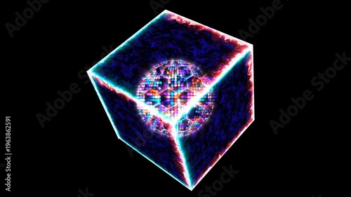 Quantum futuristic computer animation abstract pastel tone light sphere ball and light blue core with powerful magic ice flame cube fusion and violet power mystery energy surface