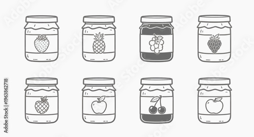 Monochrome Fruit Jam Jar Icon Set Vector Collection
