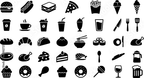 Food line icons set. Restaurant and fast food outline vector symbols collection

