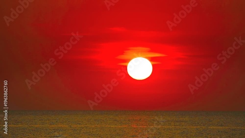 Dark Red Sky Over Sea at Sunset with Clear Clouds and Omega Sun During Time Lapse Photography
