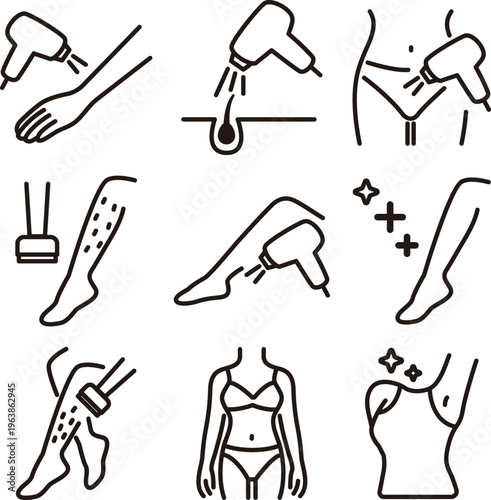 Vector icons for laser hair removal process including legs, arms, and underarms.