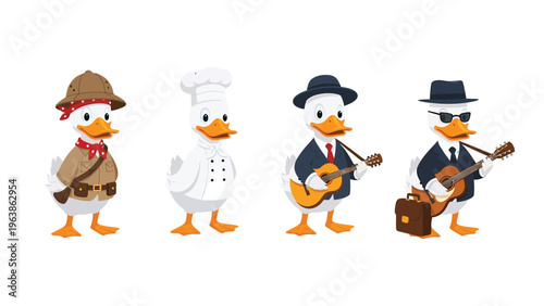Adorable Cartoon Ducks in Multiple Professions and Leisure Outfits Illustration Set