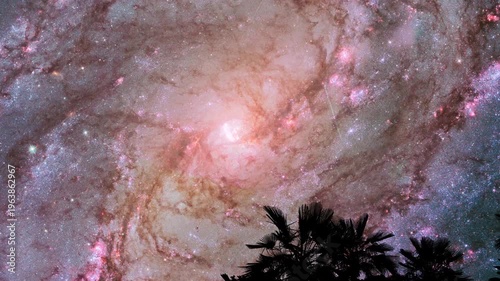 Breathtaking View of Spiral Galaxy M83 with Meteor Shower and Silhouette of Palm Trees at Night