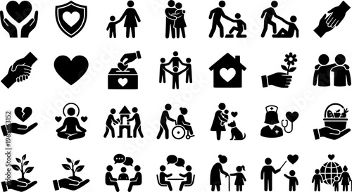Family care and love line icons set, protection and support concept
