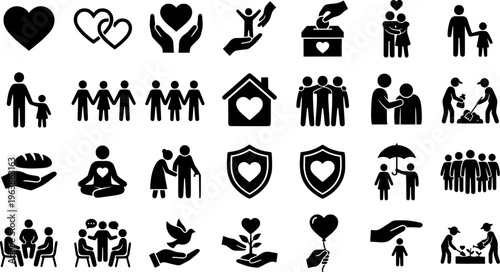 Family care and love line icons set, protection and support concept
