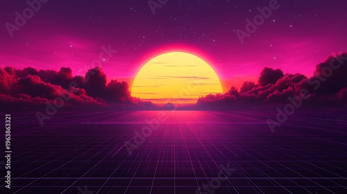 Vibrant sunset digital art illustration with clouds and grid pattern