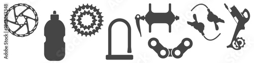 Vector silhouettes of key bicycle parts including disc rotor cassette bottom bracket U-lock chain shifter and rear derailleur. Minimalistic black and white design for bike graphics infographics or UI.