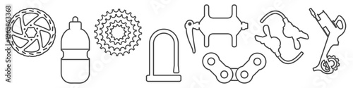 Vector line icons of key bicycle parts including disc rotor cassette bottom bracket U-lock chain shifter and rear derailleur. Minimalistic black and white design for bike graphics infographics or UI.