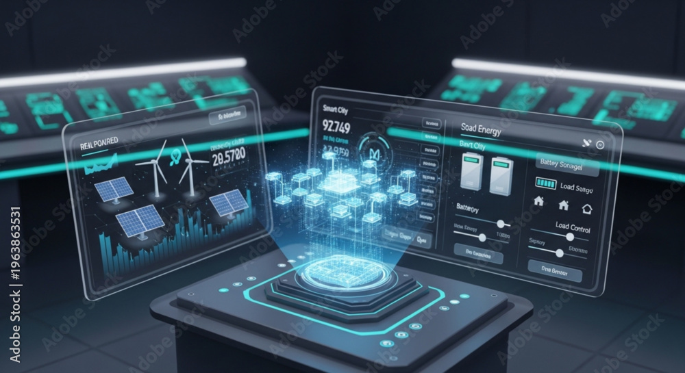 Fototapeta premium Futuristic technology interface with glowing blue screens and data visualization on a sleek black table in a dark room