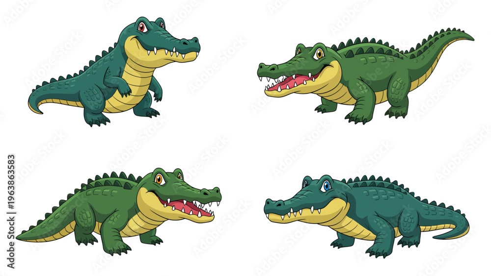 Fototapeta premium Cute Cartoon Alligators and Crocodiles Set. Green Reptiles in Different Poses Isolated. Wildlife Characters Illustration.