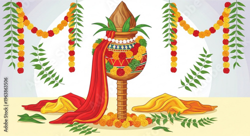 Vibrant hindu ceremonial decorated pot with red cloth flowers and garlands on a festive background