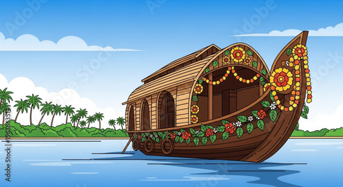 Traditional houseboat with floral decorations floats on calm tropical waters near palm trees under a sunny blue sky