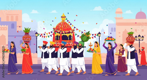 Vibrant indian wedding procession with traditional attire colorful decorations and festive atmosphere in a city setting