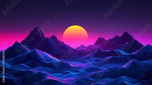 Vibrant sunset over stylized mountain range in a digital art landscape