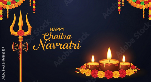 Happy chaitra navratri festival greeting with trident and candles