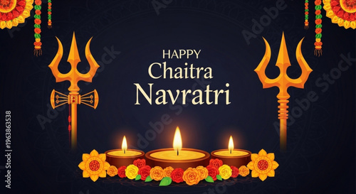 Happy chaitra navratri festival greeting with tridents and diyas on black background
